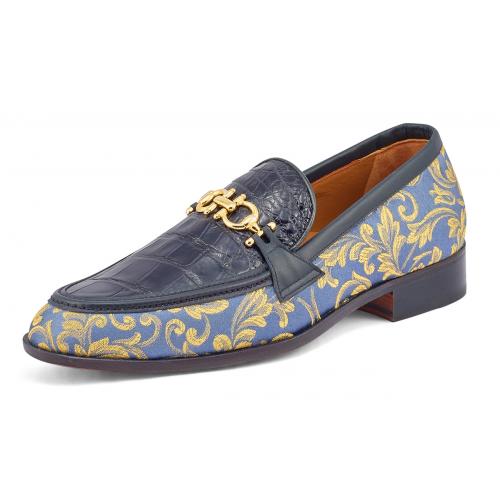 Mauri "Wealth" Two-Tone Blue Genuine Alligator / Gobelins Fabric / Calf-Skin Leather Horsebit Loafer Shoes 4954.